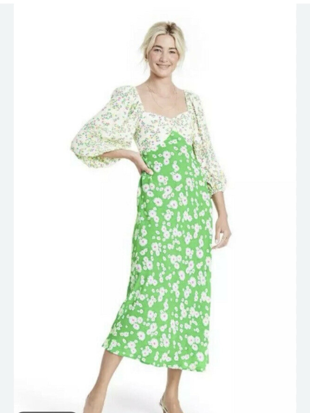 Rixo x Target Green Floral Daisy Tulip Puff Sleeve Midi Dress Size 4 cottagecore